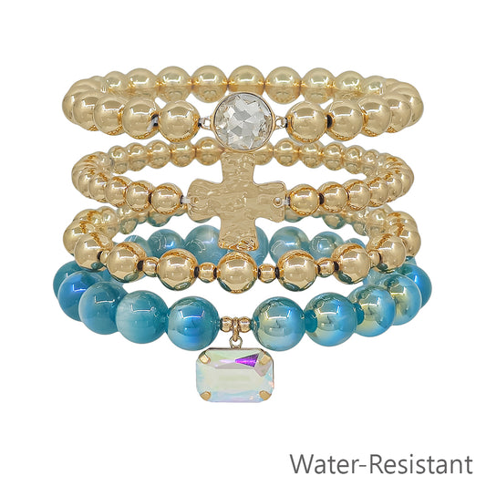 Water Resistant Set of 4 Cross and Blue Crystal Beaded Stretch Bracelets