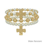 Water Resistant Gold Beaded and Pearl with Cross Set of 3 Stretch Bracelets