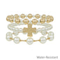 Water Resistant Set of 3 10MM Gold and Pearl Stretch Bracelets with Cross