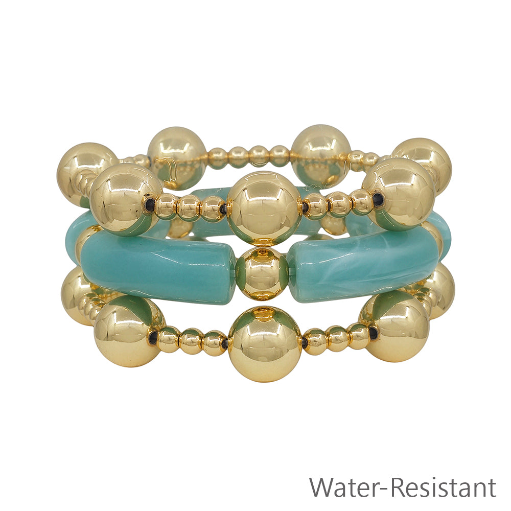 Water Resistant Set of 3 14MM Gold Beaded and Mint Acrylic Tube Stretch Bracelets