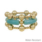 Water Resistant Set of 3 14MM Gold Beaded and Mint Acrylic Tube Stretch Bracelets