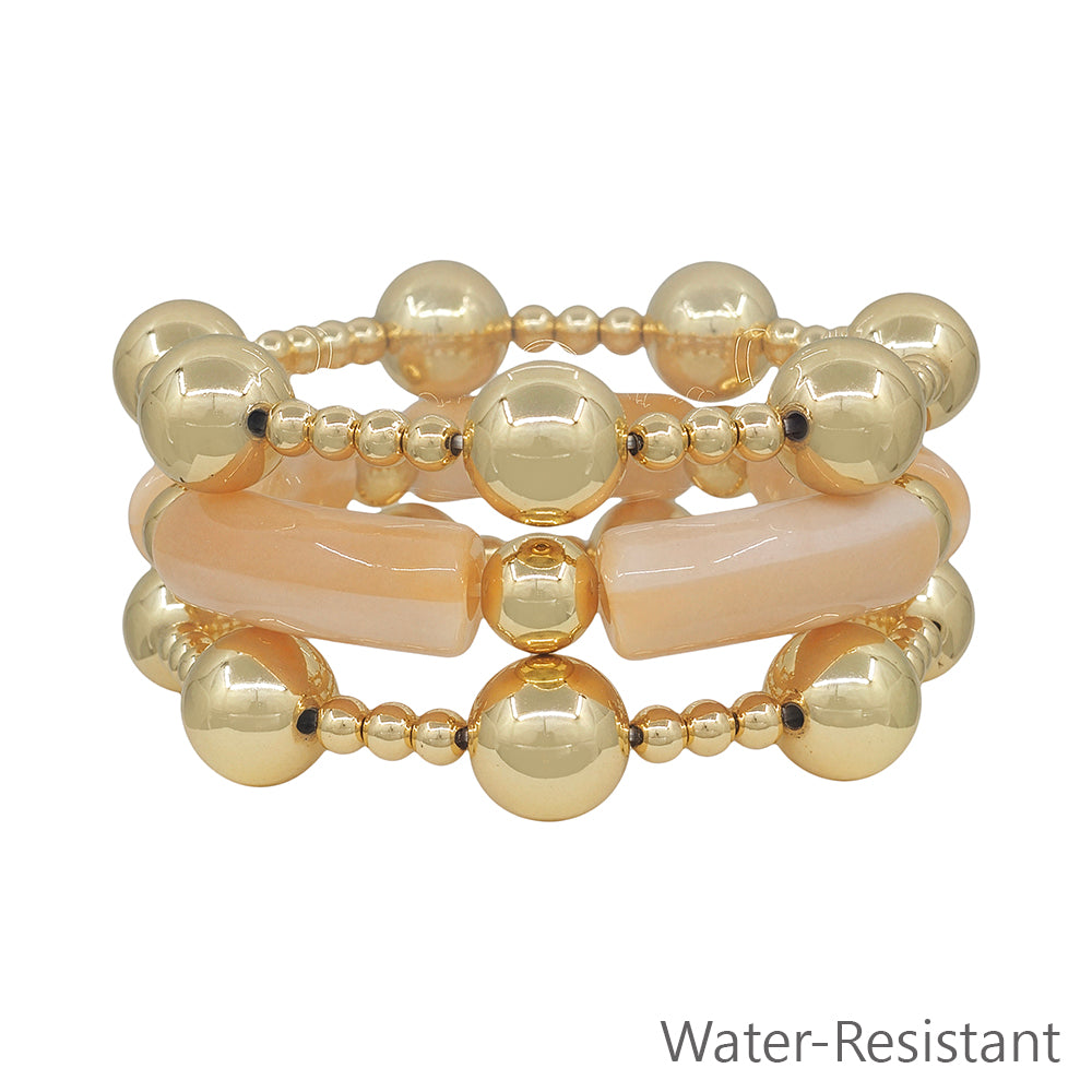 Water Resistant Set of 3 14MM Gold Beaded and Peach Acrylic Tube Stretch Bracelets