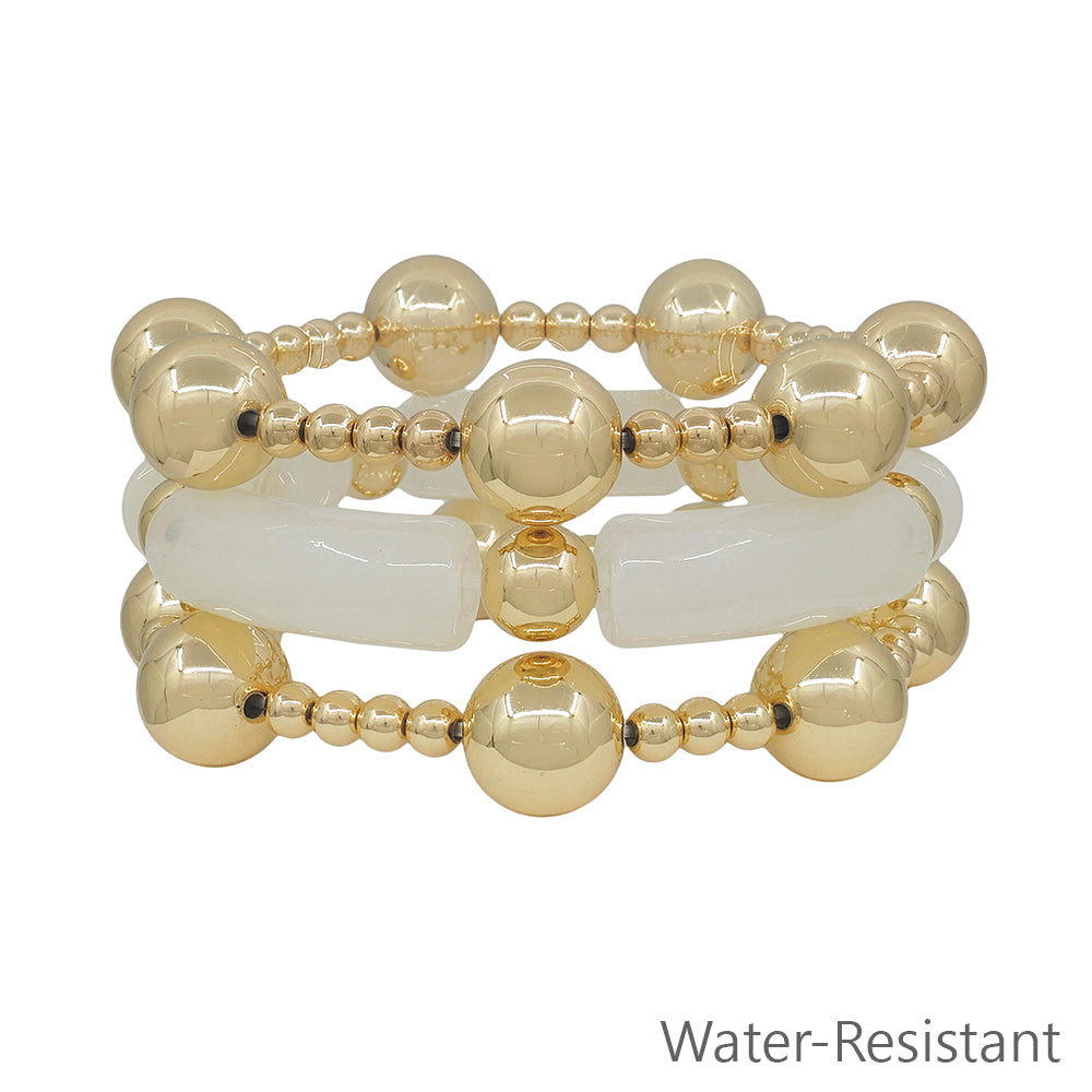 Water Resistant Set of 3 14MM Gold Beaded and White Acrylic Tube Stretch Bracelets