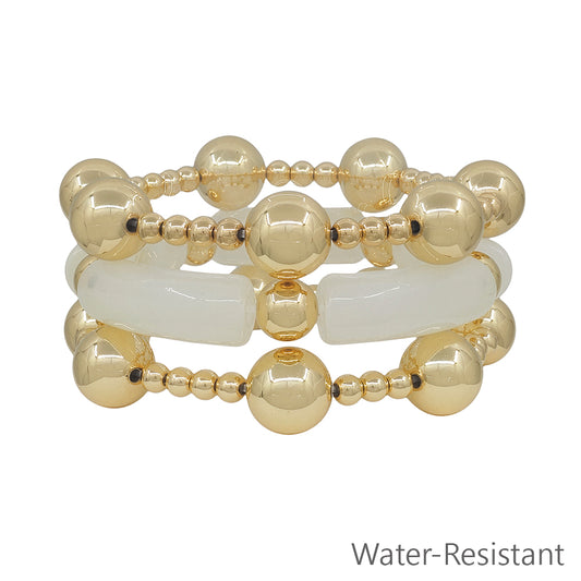 Water Resistant Set of 3 14MM Gold Beaded and White Acrylic Tube Stretch Bracelets