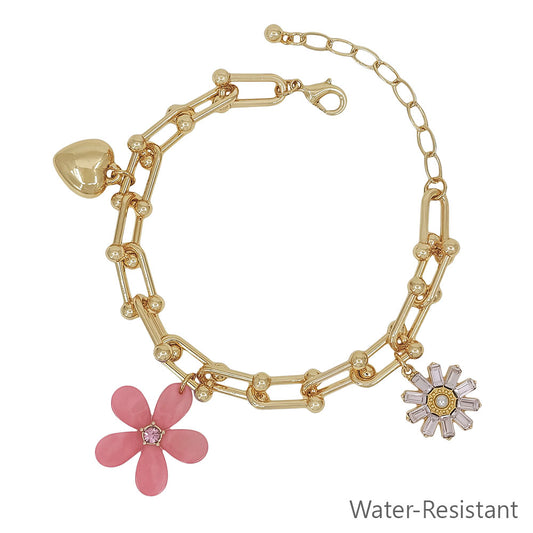 Water Resistant Gold Chain with Pink Resin Flower, Rhinestone, and Heart Charm Bracelet