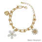 Water Resistant Gold Chain with White Resin Flower, Rhinestone, and Heart Charm Bracelet