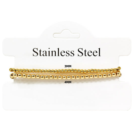 Waterproof Stainless-Steel 3mm and 4mm Beaded Set of 2 Stretch Bracelets