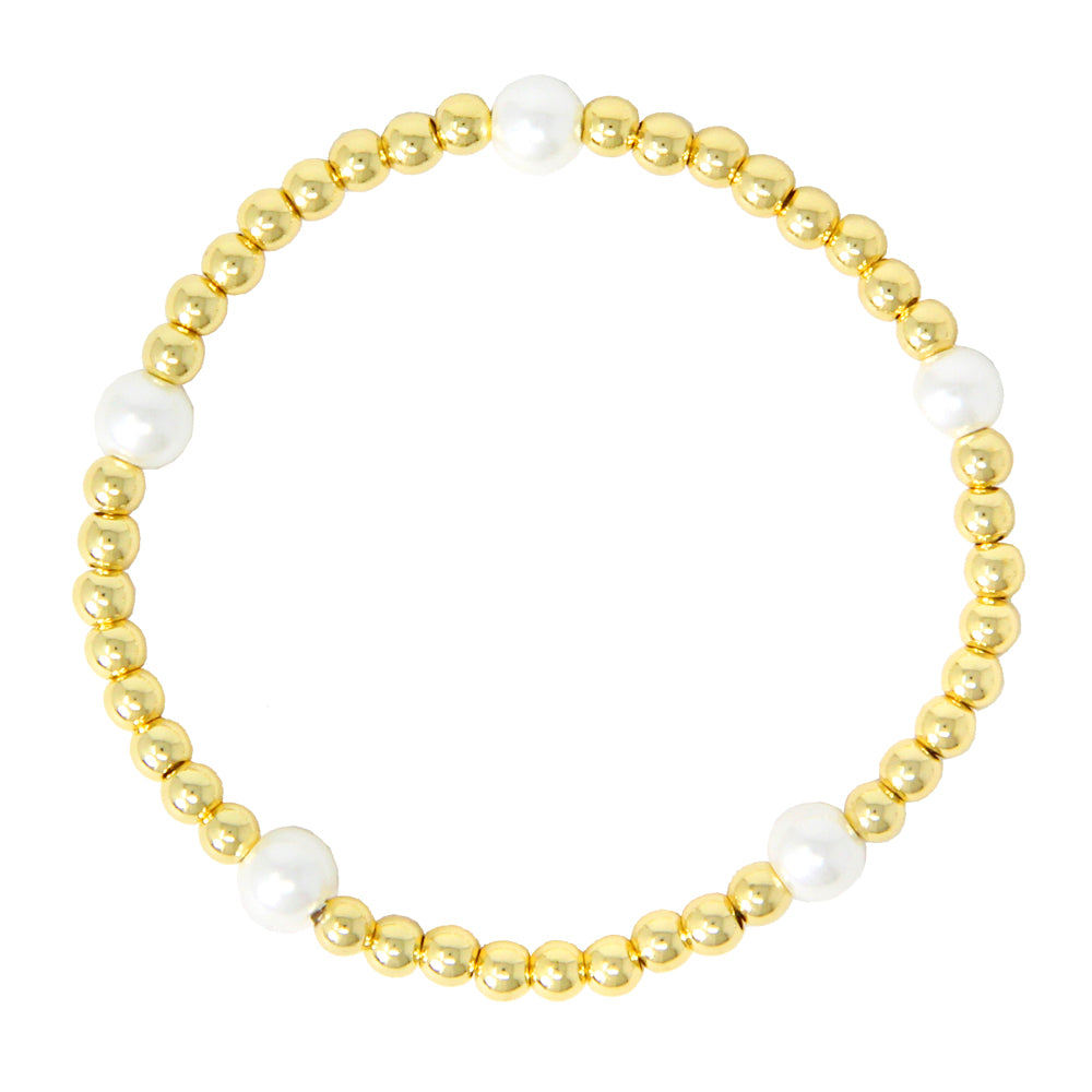 Waterproof Stainless-Steel 4mm Gold Beaded and Pearl Stretch Bracelet