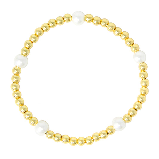 Waterproof Stainless-Steel 4mm Gold Beaded and Pearl Stretch Bracelet