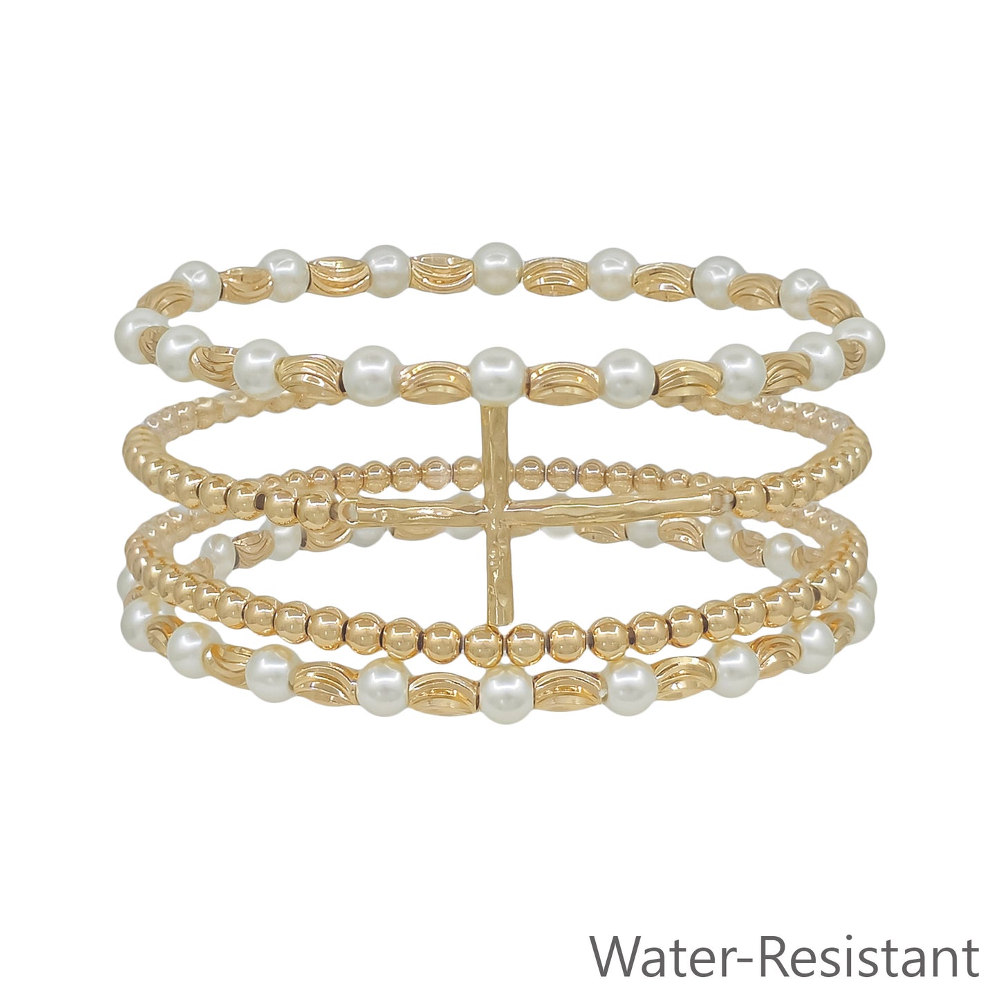 Water Resistant Set of 4 Gold and Pearl Beaded with Thin Cross Stretch Bracelets