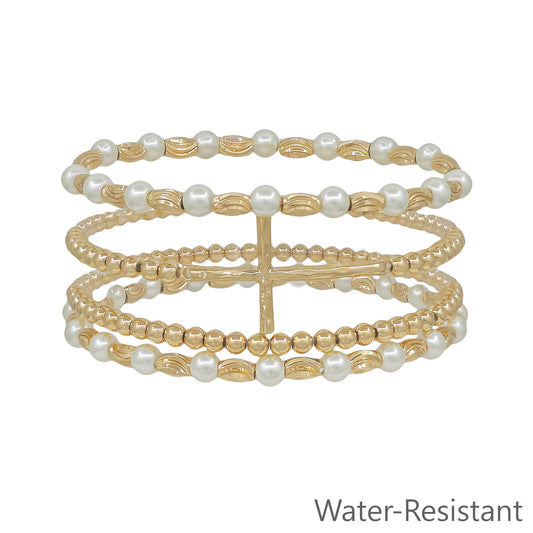 Water Resistant Set of 4 Gold and Pearl Beaded with Thin Cross Stretch Bracelets