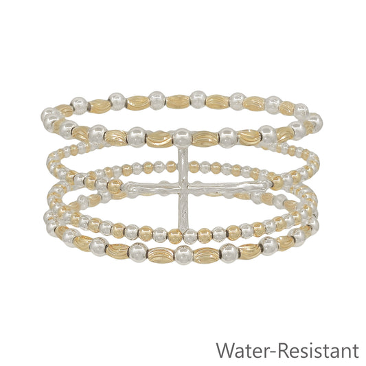 Water Resistant Set of 4 Gold and Silver Cross and 4MM Beaded Stretch Bracelets