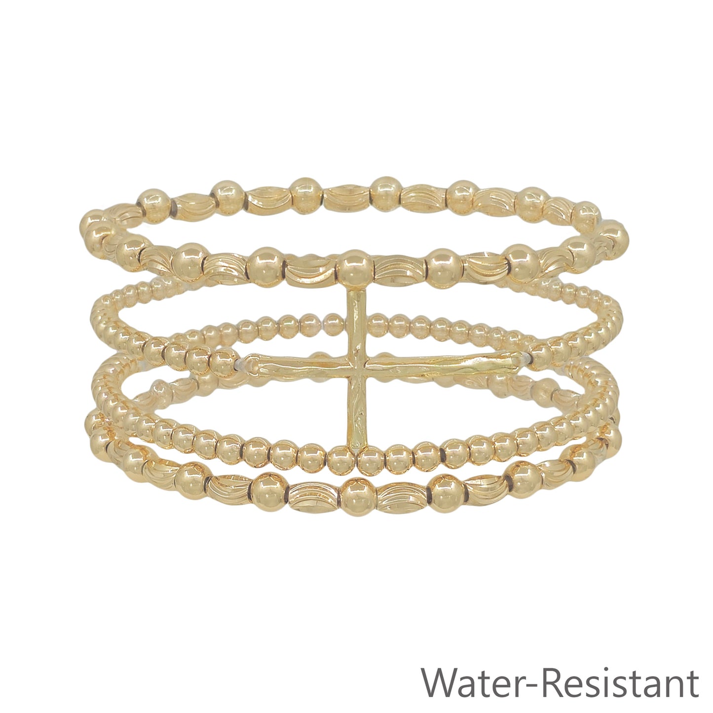 Water Resistant Set of 4 Cross and 4MM Beaded Stretch Bracelets