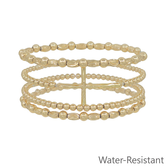 Water Resistant Set of 4 Cross and 4MM Beaded Stretch Bracelets