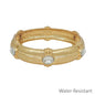 Water Resistant Gold Hammered Elegant 16MM Wide with Clear Crystal Accents Bangle