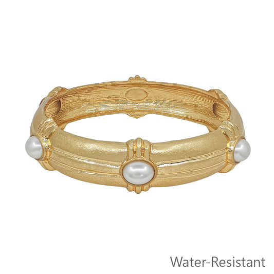 Water Resistant Gold Hammered Elegant 16MM Wide with Pearl Accents Bangle