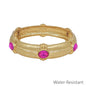 Water Resistant Gold Hammered Elegant 16MM Wide with Hot Pink Crystal Accents Bangle