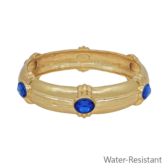 Water Resistant Gold Hammered Elegant 16MM Wide with Blue Crystal Accents Bangle