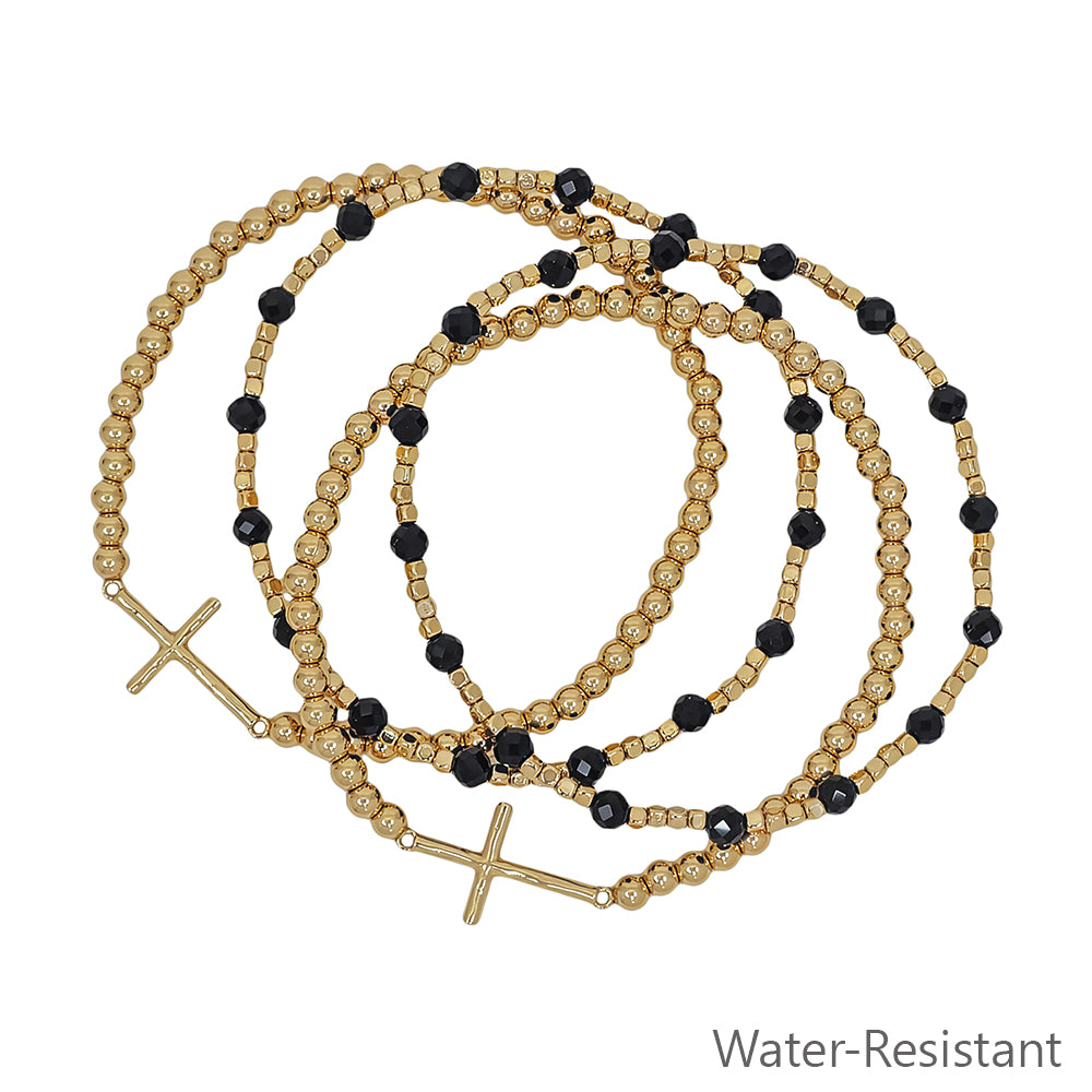 Water Resistant Set of 4 4MM and 2MM Black Beaded Stretch Bracelets