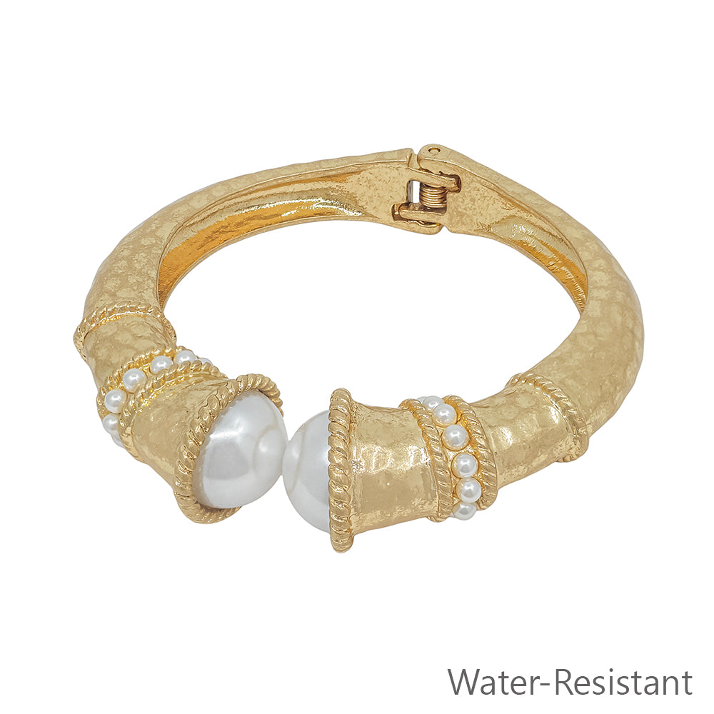Water Resistant Worn Gold Classy Hinged Bracelet with Pearl Accents