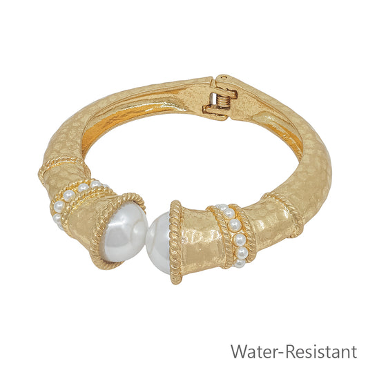 Water Resistant Worn Gold Classy Hinged Bracelet with Pearl Accents