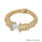 Water Resistant Worn Gold Classy Hinged Bracelet with Pearl Accents