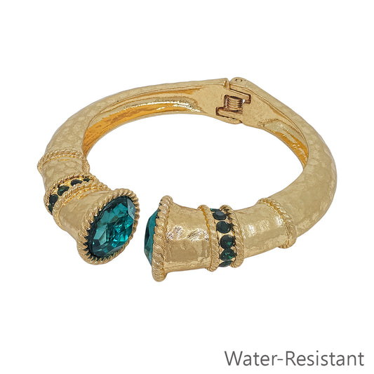 Water Resistant Worn Gold Classy Hinged Bracelet with Green Crystal Accents