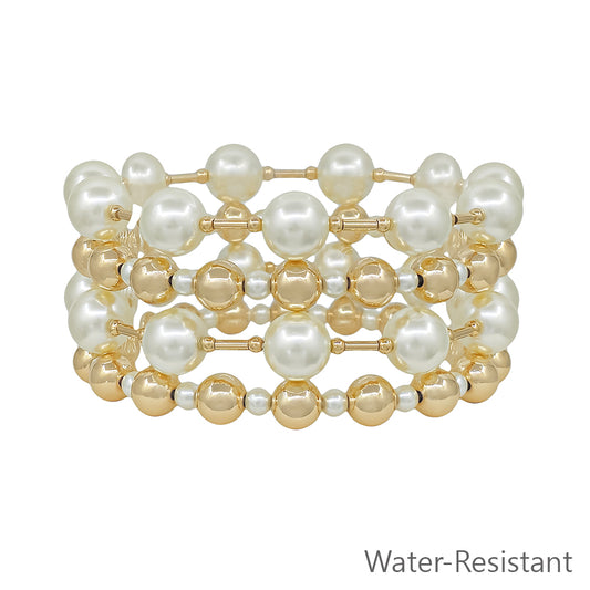 Water Resistant Gold Beaded and Pearl 10MM Set of 4 Stretch Bracelets