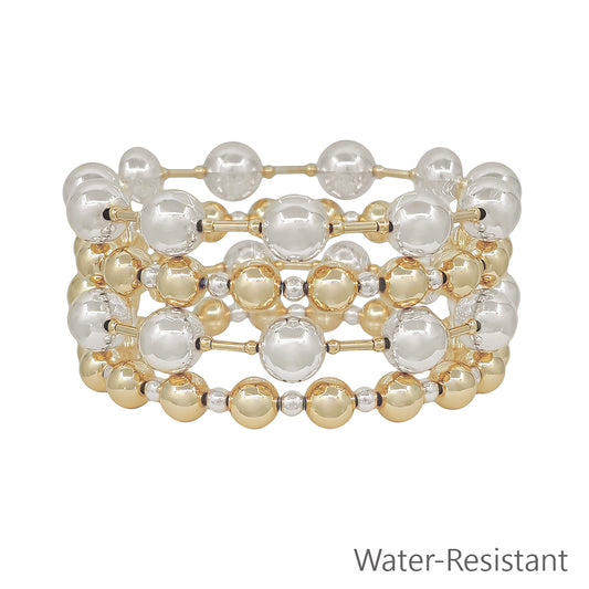 Water Resistant Gold and Silver Beaded 10MM Set of 4 Stretch Bracelets