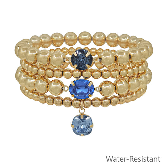 Water Resistant Gold Beaded with Navy Crystal Accents Set of 4 Stretch Bracelets