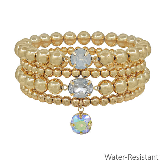 Water Resistant Gold Beaded with Clear AB Crystal Accents Set of 4 Stretch Bracelets