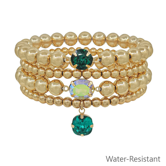 Water Resistant Gold Beaded with Emerald Green Crystal Accents Set of 4 Stretch Bracelets
