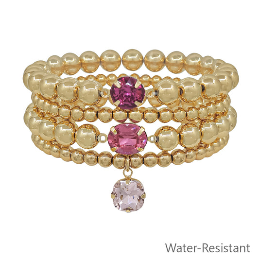 Water Resistant Gold Beaded with Pink Crystal Accents Set of 4 Stretch Bracelets