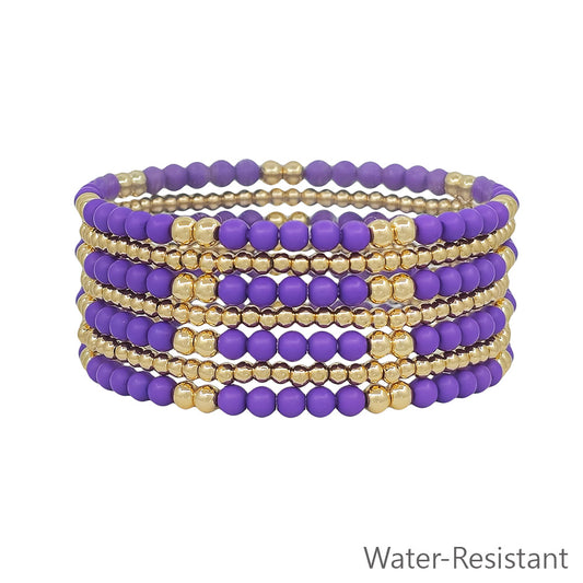 Purple and Gold Beaded Set of 7 Stretch Bracelets