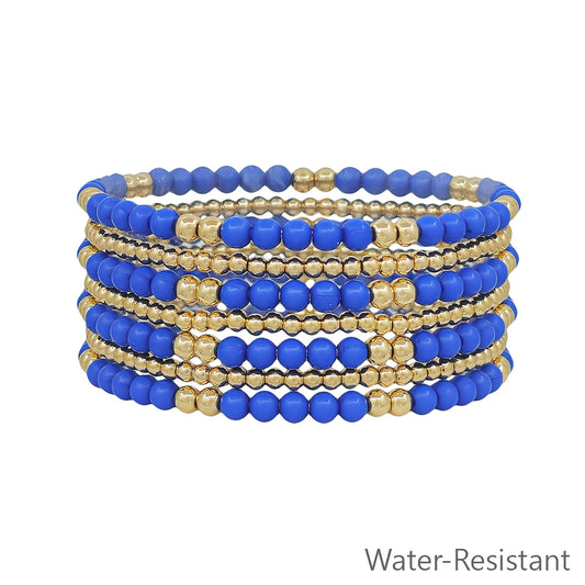 Royal Blue and Gold Beaded Set of 7 Stretch Bracelets