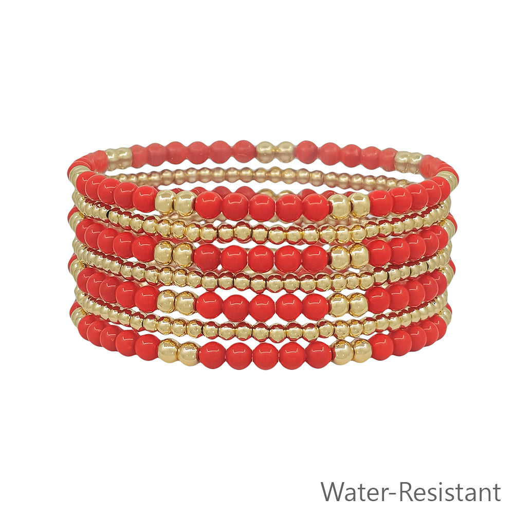 Red and Gold Beaded Set of 7 Stretch Bracelets
