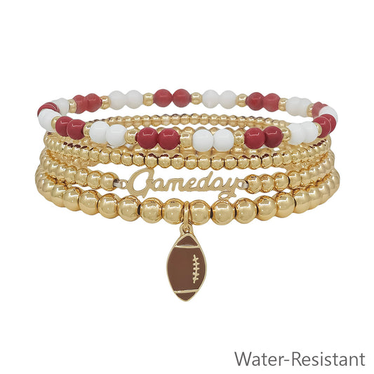 Water Resistant Maroon and White with Gold Gameday and Football Charm Stretch Bracelet Set
