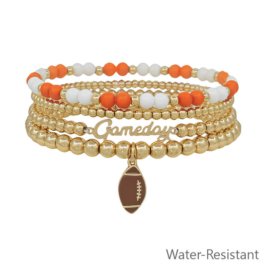 Water Resistant Orange and White with Gold Gameday and Football Charm Stretch Bracelet Set