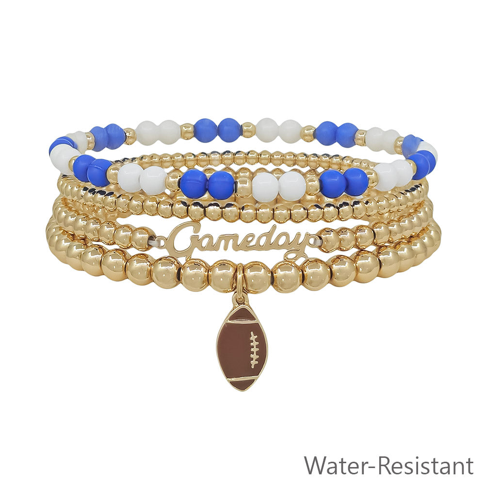 Water Resistant Blue and White with Gold Gameday and Football Charm Stretch Bracelet Set