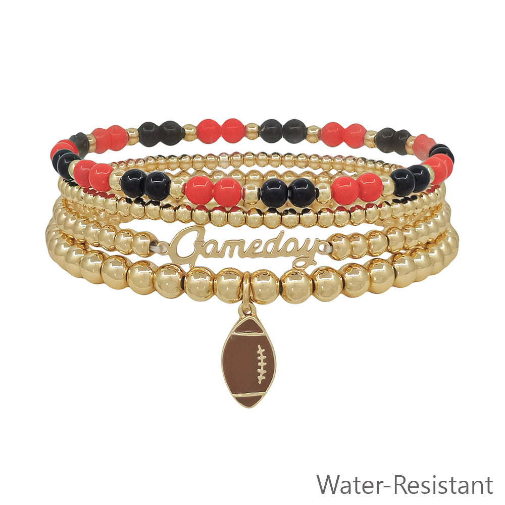 Water Resistant Red and Black with Gold Gameday and Football Charm Stretch Bracelet Set