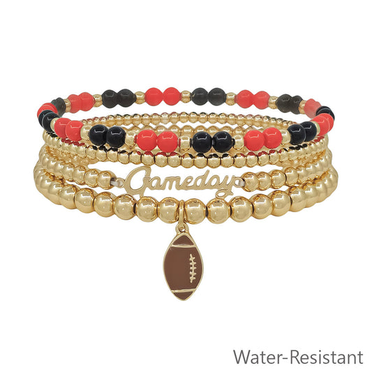 Water Resistant Red and Black with Gold Gameday and Football Charm Stretch Bracelet Set