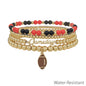 Water Resistant Red and Black with Gold Gameday and Football Charm Stretch Bracelet Set
