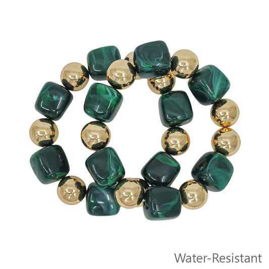 Water Resistant Set of 2 Gold and Emerald Green 16mm and 14mm Stretch Bracelets