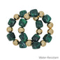 Water Resistant Set of 2 Gold and Emerald Green 16mm and 14mm Stretch Bracelets