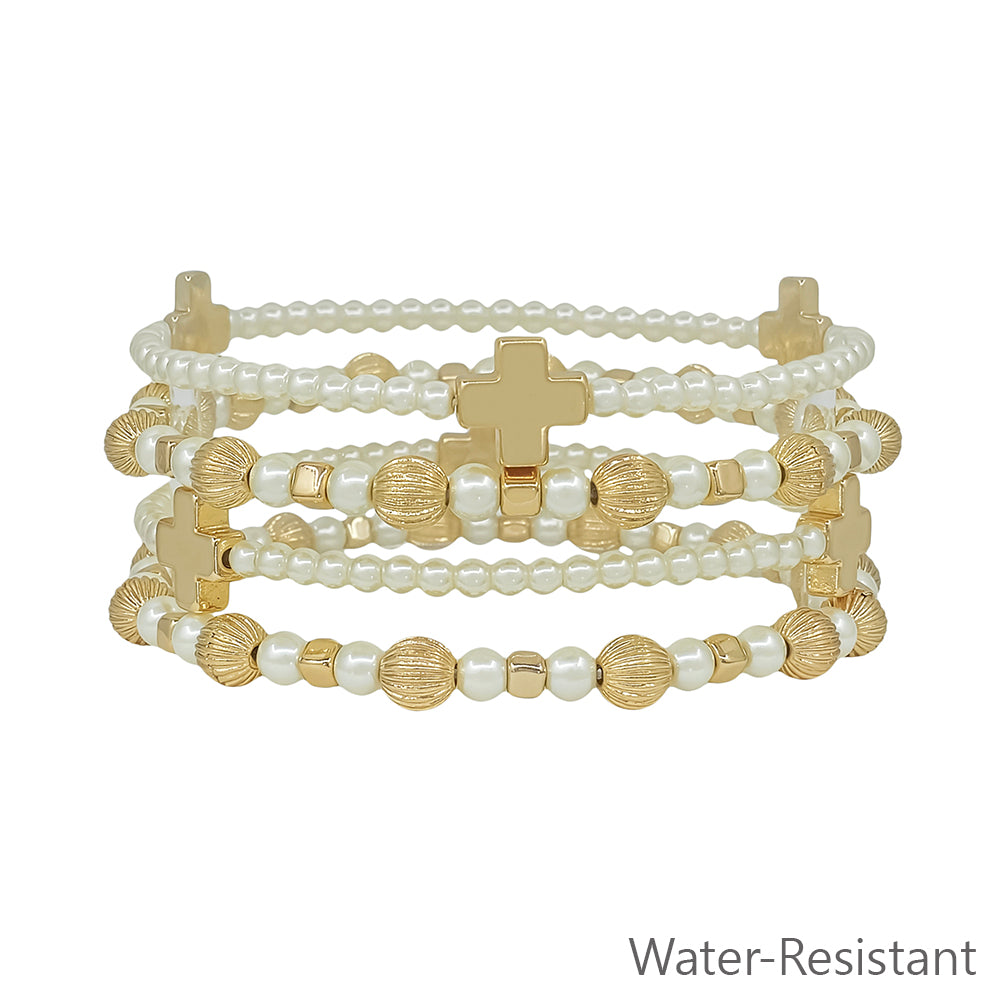 Water Resistant Pearl and Gold Beaded with Cross Set of 4 Stretch Bracelets