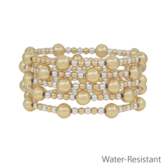 Water Resistant Set of 5 8MM & 4MM Gold and Silver Beaded Stretch Bracelets