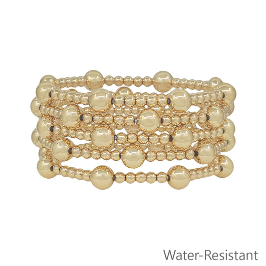 Water Resistant Set of 5 8MM & 4MM Gold Beaded Stretch Bracelets
