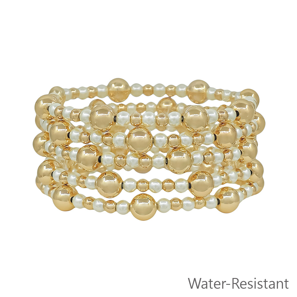 Water Resistant Set of 5 8MM & 4MM Gold and Pearl Beaded Stretch Bracelets