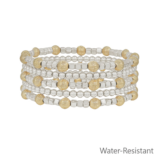 Water Resistant Silver and Gold Beaded with Cross Set of 5 Stretch Bracelets