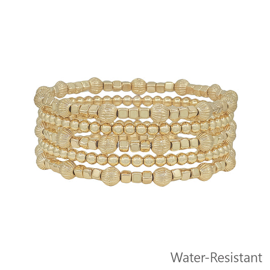 Water Resistant Gold Beaded with Cross Set of 5 Stretch Bracelets